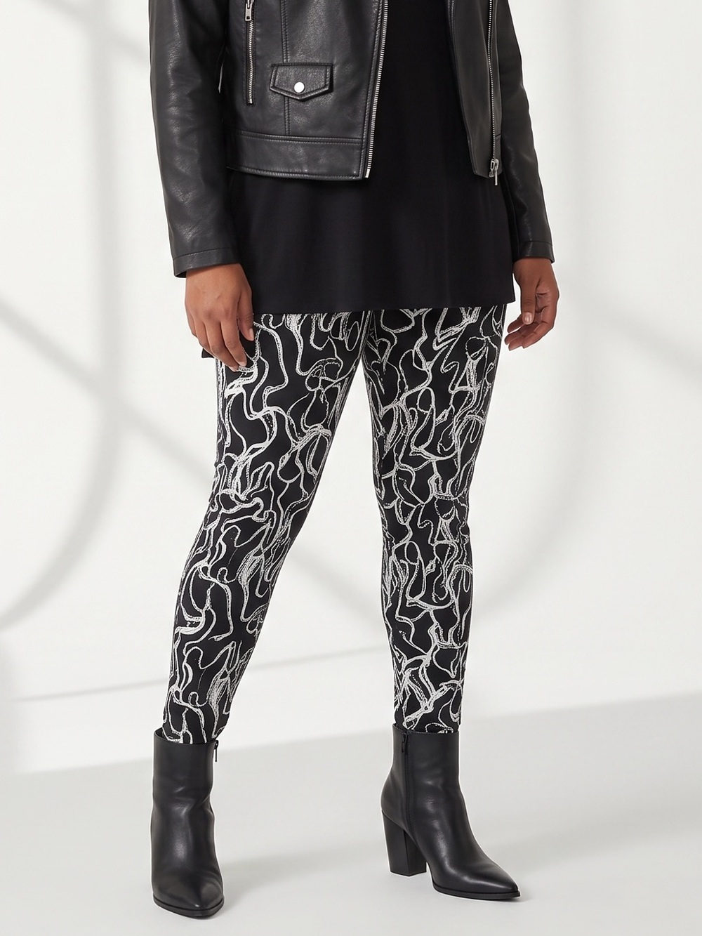 intro. Laura Foil Print Double Knit Leggings in Black Silver Tummy Control NEW